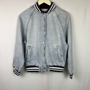 Wild Fable Womens Acid Wash Denim Varsity Bomber Jacket Light Blue XXS